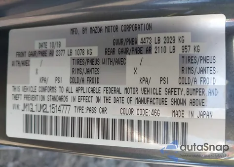 2020 Mazda Mazda6 Sport z USA, uszkodzony, nr VIN JM1GL1UM2L1514777